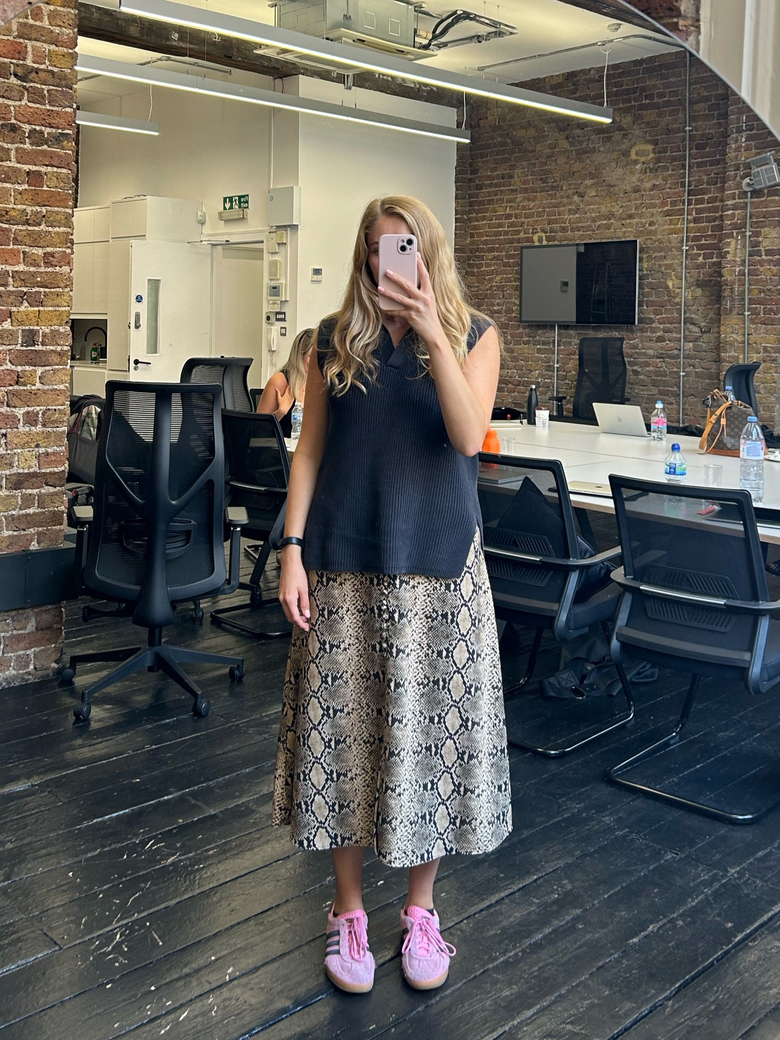 Workwear, office outfit, London office outfit, snakeskin midi skirt, pink adidas gazelle, summer outfit, black sleeveless knitted top

#LTKworkwear #LTKuk #LTKeurope