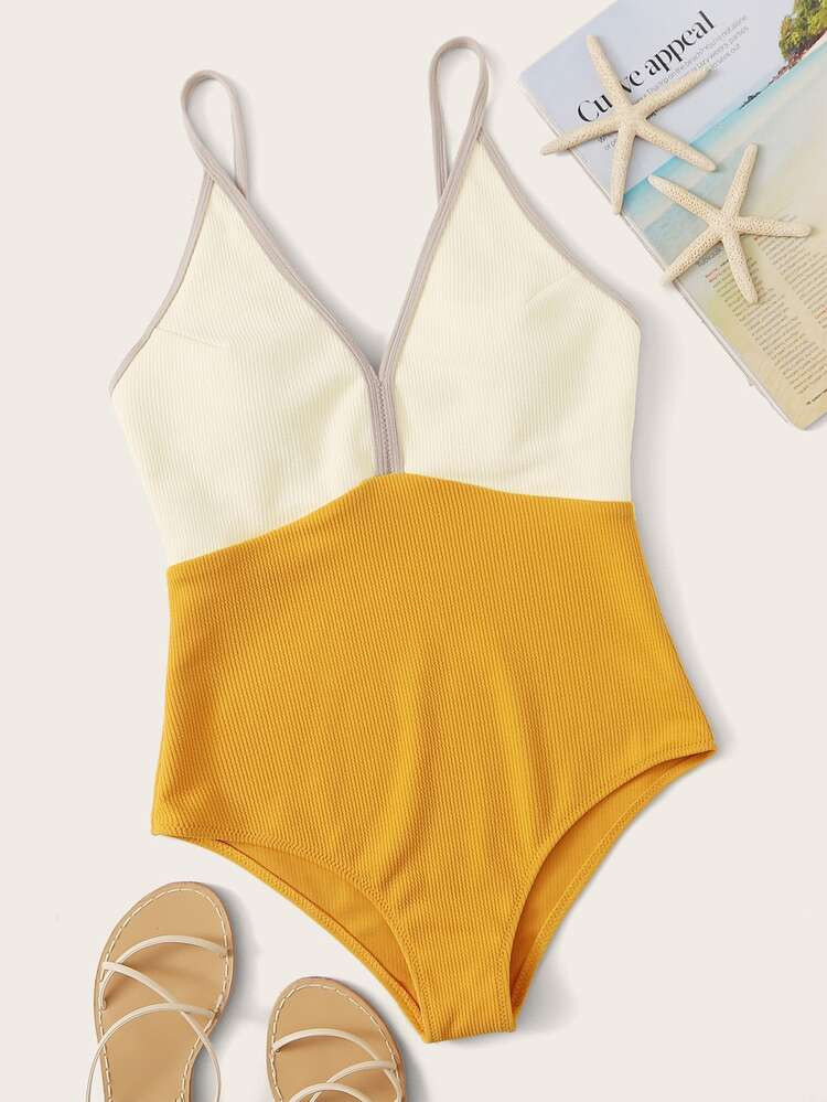 Rib Two Tone One Piece Swimwear | SHEIN