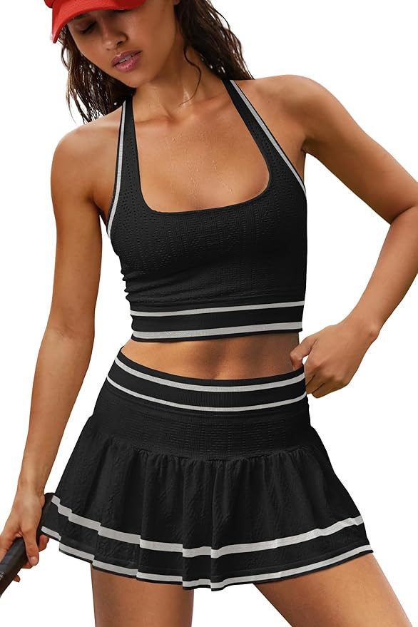 LAMISSCHE Tennis Skirt Sets Women 2 Piece Outfits Summer Yoga Skort Set Seamless Halter Top and S... | Amazon (US)