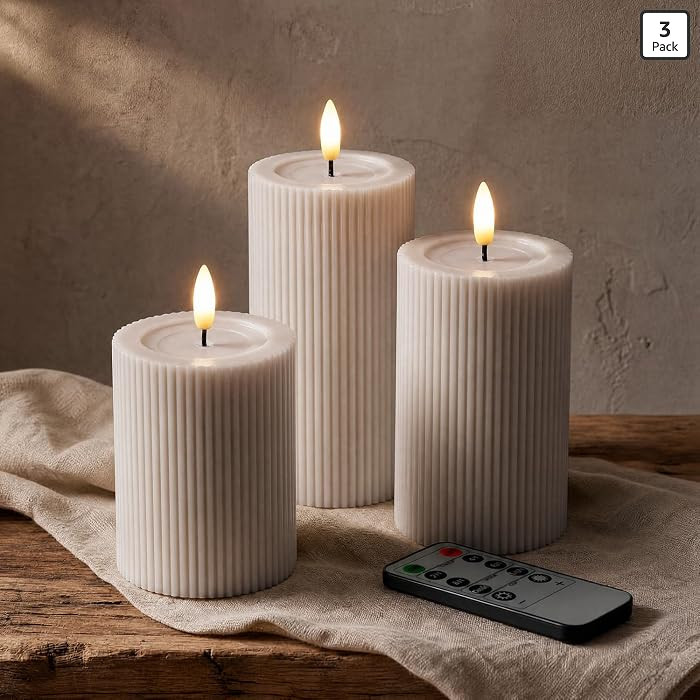 Fluted Ribbed LED Pillar Candles, Cream Beige, with Reflective Melted-Wax Effect \u2013 Flickerin... | Amazon (US)