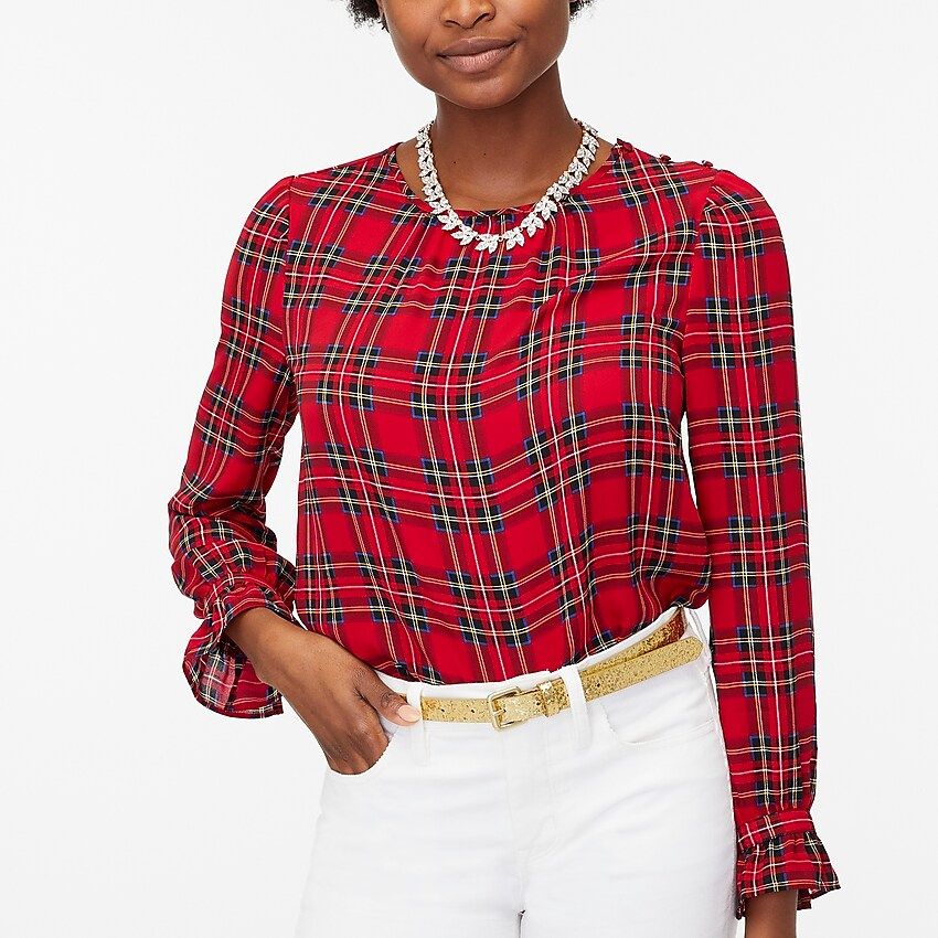 Tartan button-neck top with ruffles | J.Crew Factory