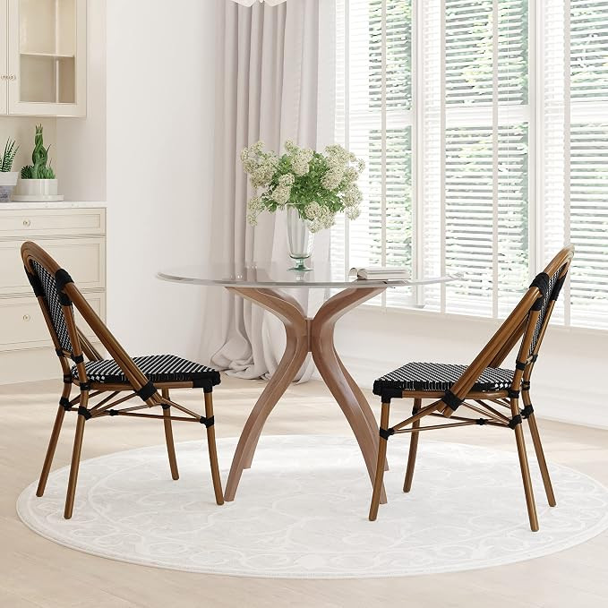 EMMA + OLIVER Soie Bistro Chair - Black & White Woven PE Seat and Back - Bamboo Finish Aluminum F... | Amazon (US)
