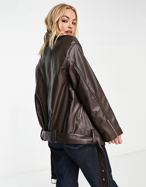 ASOS DESIGN faux leather oversized moto jacket in chocolate | ASOS (Global)