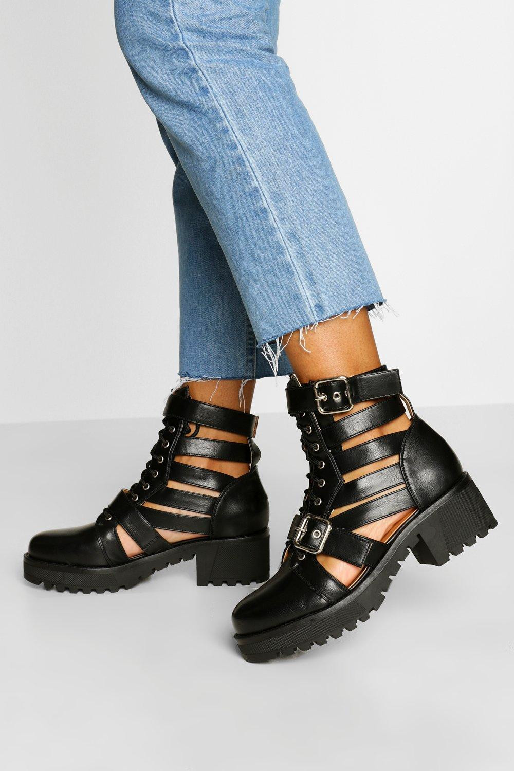 Womens Cut Work Buckle Detail Biker Boots - Black - 5 | Boohoo.com (US & CA)