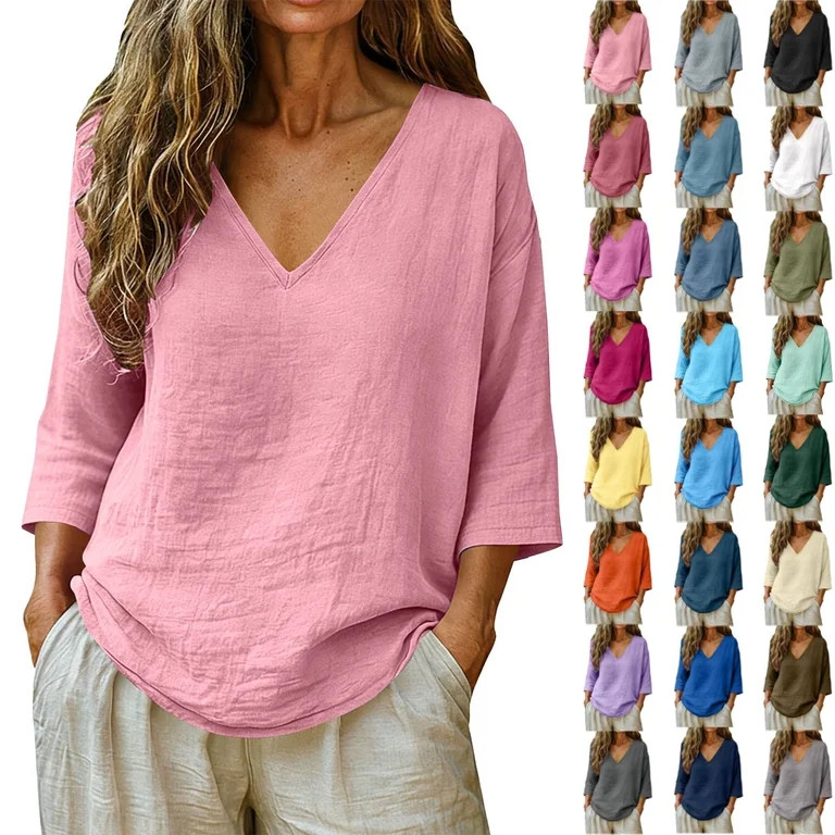 Womens Summer Gauze Tops Casual Linen Cotton Tunic Blouse 3/4 Sleeve V Neck Peasant Shirts Beach ... | Walmart (US)