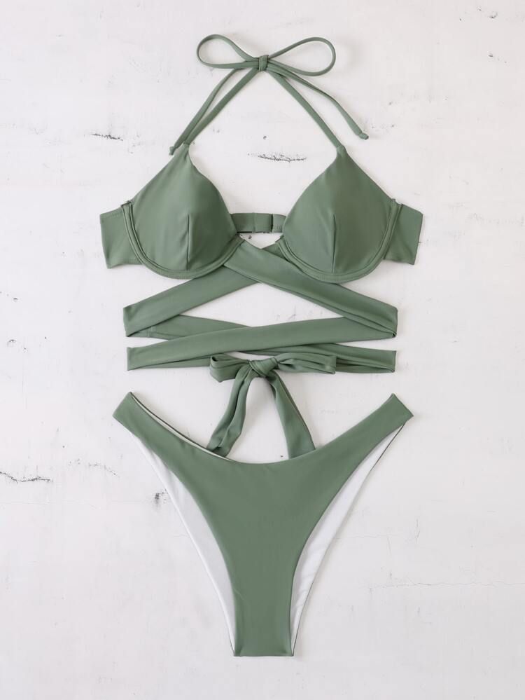 Plain Wrap Halter Underwire Bikini Swimsuit | SHEIN
