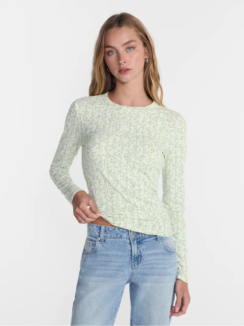 No Boundaries Ribbed Crewneck Tee with Long Sleeves, Women's & Women's Plus XXS-4X | Walmart (US)