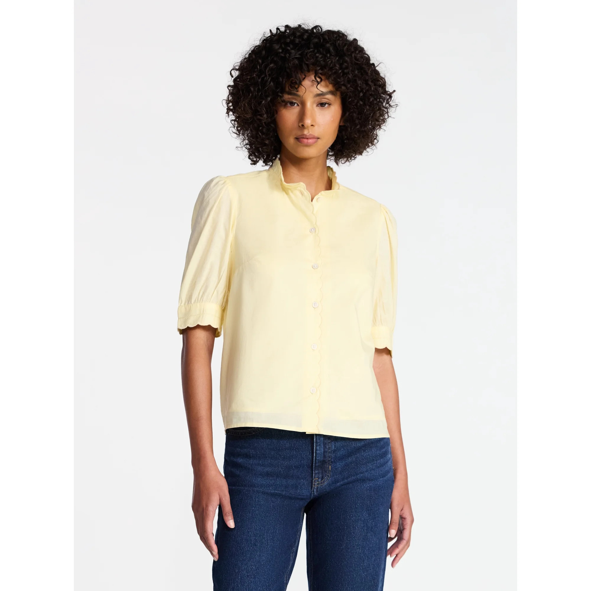 Time and Tru Women's Cotton Scalloped Edge Blouse with Short Sleeves, Sizes XS-XXXL | Walmart (US)