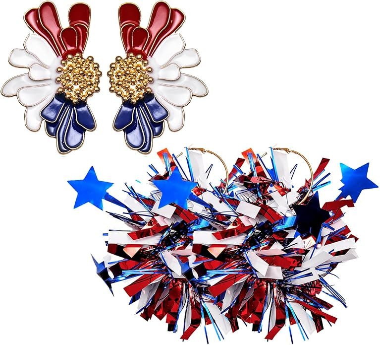 2 Pairs 4th of July Earrings American Patriotic Star Flag Big Hoop Earrings for Women Holiday Jew... | Amazon (US)