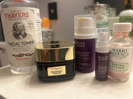 My nighttime skincare routine varies depending on the day. Here’s tonight’s lineup. 

After cleansing my face/taking off makeup:
1. Toner
2. Retinol
3. Drying lotion for a little friend on my forehead
4. Eye cream
5. Face cream 

Simple! 

#LTKOver40 #LTKBeauty