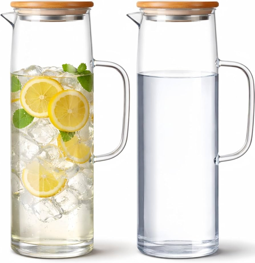 Hsei 2 Sets Glass Pitcher with Lid, 50 oz / 1500 ml Water Carafe with Handles Hot Cold Beverage W... | Amazon (US)