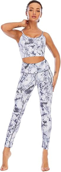 Women's Yoga Outfit Yoga Pants with Pockets and Yoga Bra Set Workout Activewear | Amazon (US)