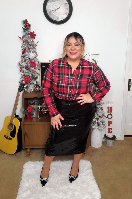 Looking for the perfect Holiday party outfit? I got a simple & chic one just for you. 

Flannel boyfriend shirt, black midi sequin skirt & black heels with bow front detail. 

#LTKmidsize #LTKHoliday #LTKsalealert
