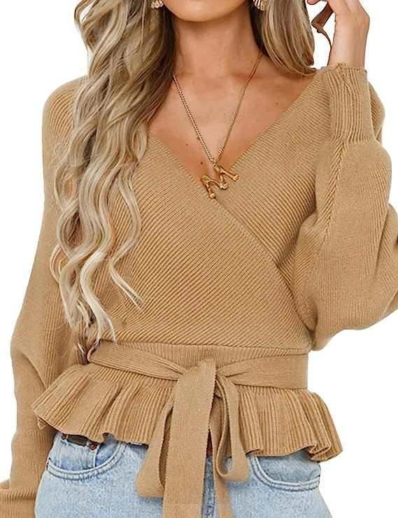 ZESICA Women's Wrap V Neck Long Batwing Sleeve Belted Waist Ruffle Knitted Sweater Pullover Top | Amazon (US)