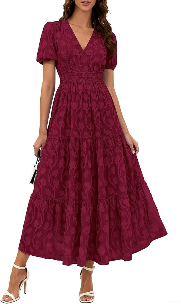 KIRUNDO Womens Boho Maxi Dress Summer Short Sleeve V Neck Floral Flowy A Line Formal Wedding Gues... | Amazon (US)