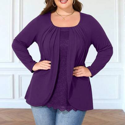 Plus Size Minimalist Lace Patchwork Round Neck Long Sleeve Top, Casual Daily Wear | SHEIN