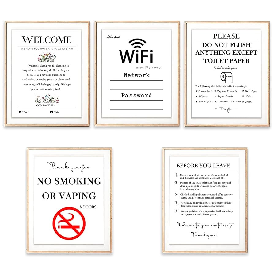 Air BnB Essentials for Hosts, 5 Pack Wall Art Print Welcome Kit Signs, Wifi Sign for Guest, No Sm... | Amazon (US)