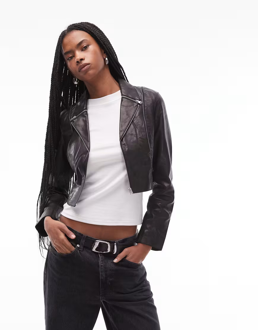 AllSaints Landers leather crop biker jacket in black | ASOS (Global)
