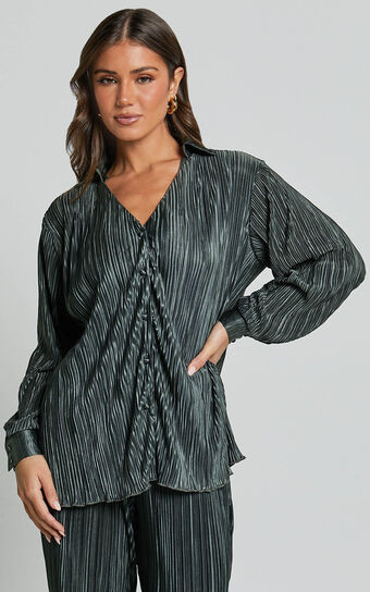 Beca Shirt - Plisse Button Up Shirt in Olive | Showpo (US, UK & Europe)