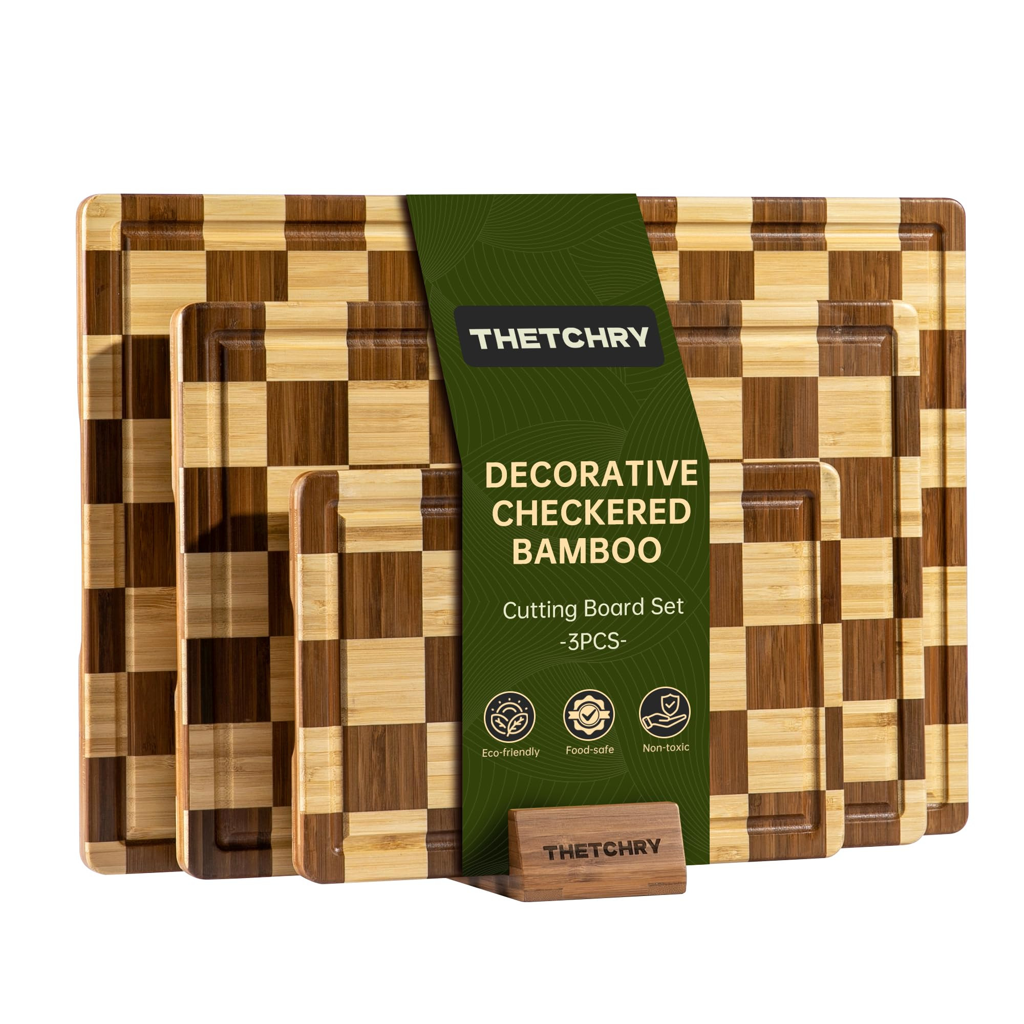 3 Pack Checkered Bamboo Cutting Board Set, Decorative End Grain Thick Wood Cutting Board, Crack-R... | Amazon (US)