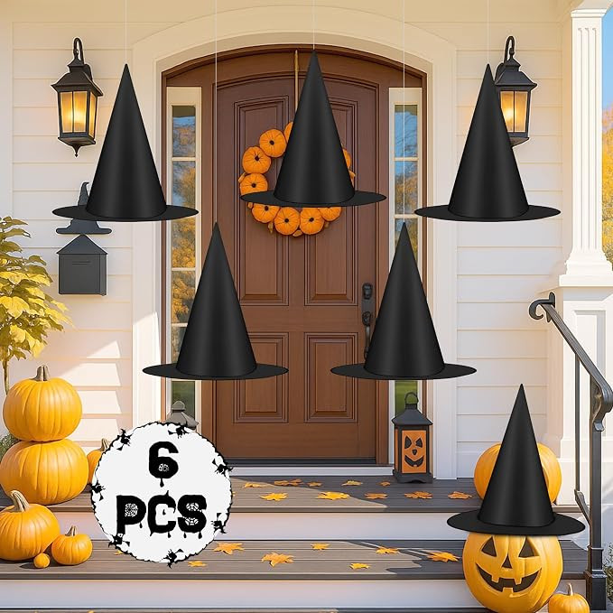 6Pcs Halloween Decorations, Black Witch Hats for Halloween Porch Decor, Hanging Witch Hats with 1... | Amazon (US)