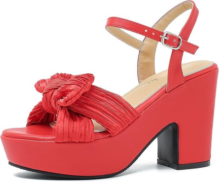 fereshte Women's Pleated Bow Knot Chunky Block Heels Platform High Heel Open Toe Ankle Strap Sandals | Amazon (US)