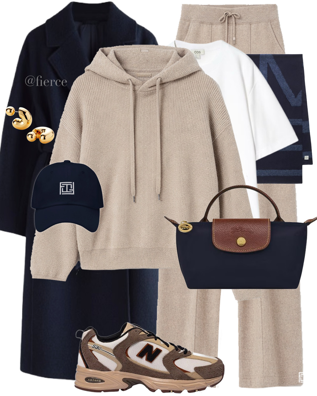 knitted co-ord set beige hooded jumper knitted trousers navy coat navy wool scarf new balance 530 sneakers navy bag 

 #LTKuk #LTKwinter #LTKeurope