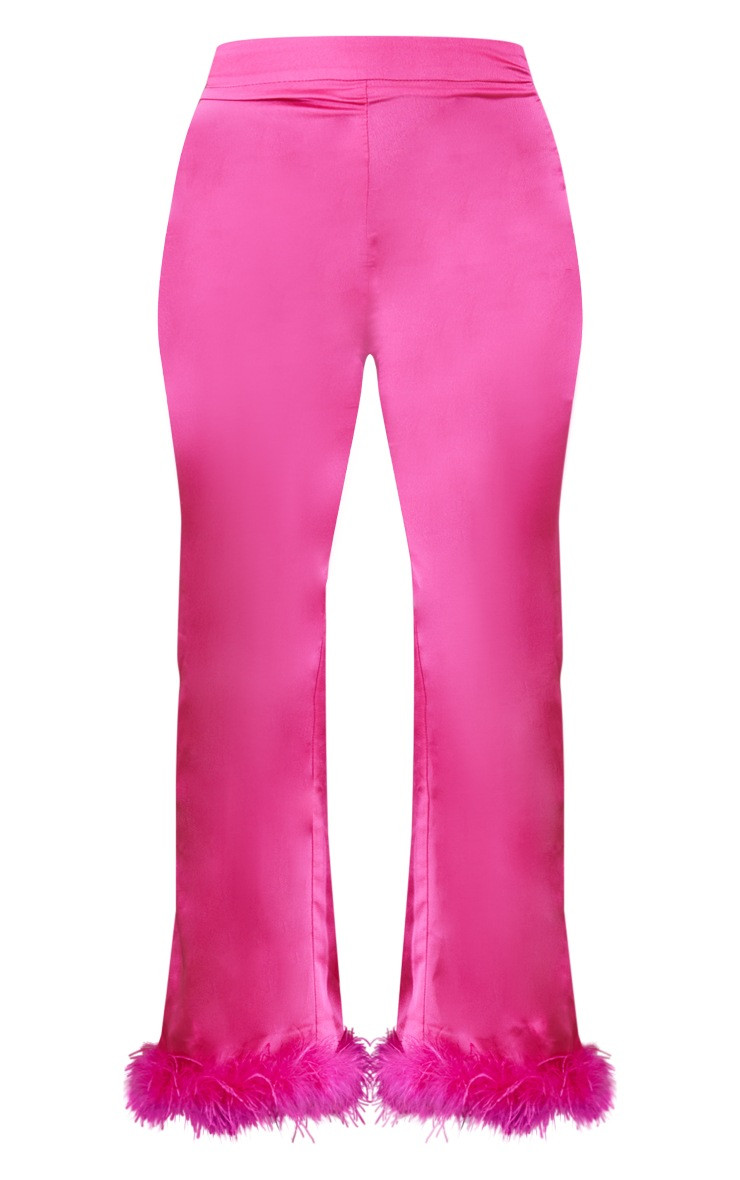Hot Pink Satin Feather Trim Straight Leg Pants | PrettyLittleThing US