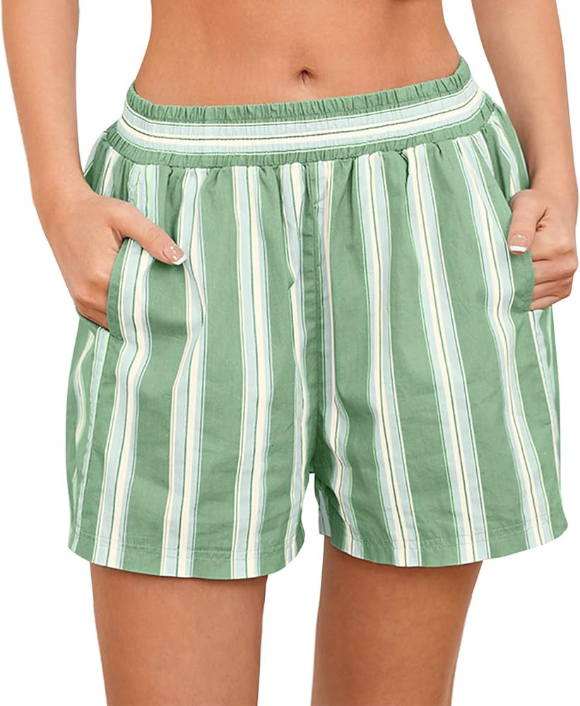 Women Striped Boxer Shorts Elastic High Rise Pajama Bottoms Shorts Casual Lounge Shorts with Pock... | Amazon (US)