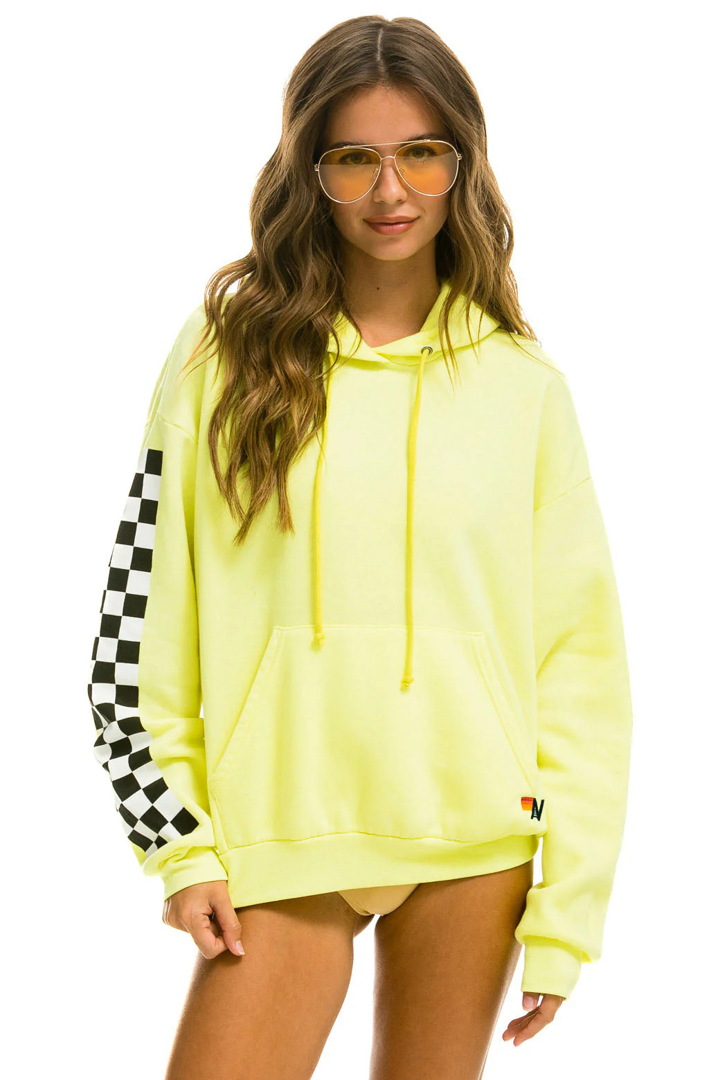 Women's Relaxed Check Sleeve Hoodie Neon Yellow | Blue & Cream