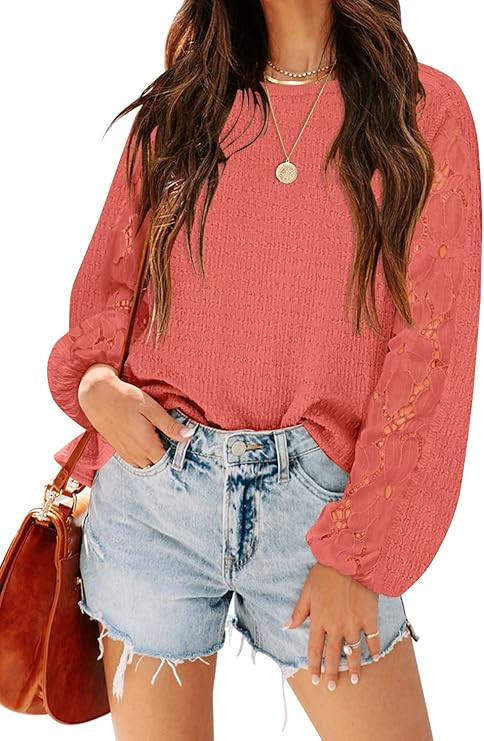 MIHOLL Women's Long Sleeve Shirt Lace Crewneck Casual Loose Fit Tops Blouse | Amazon (US)