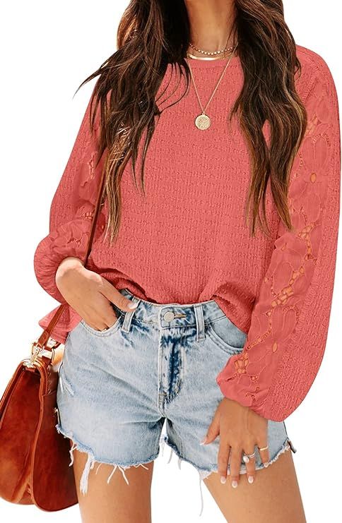 MIHOLL Women's Long Sleeve Shirt Lace Crewneck Casual Loose Fit Tops Blouse | Amazon (US)