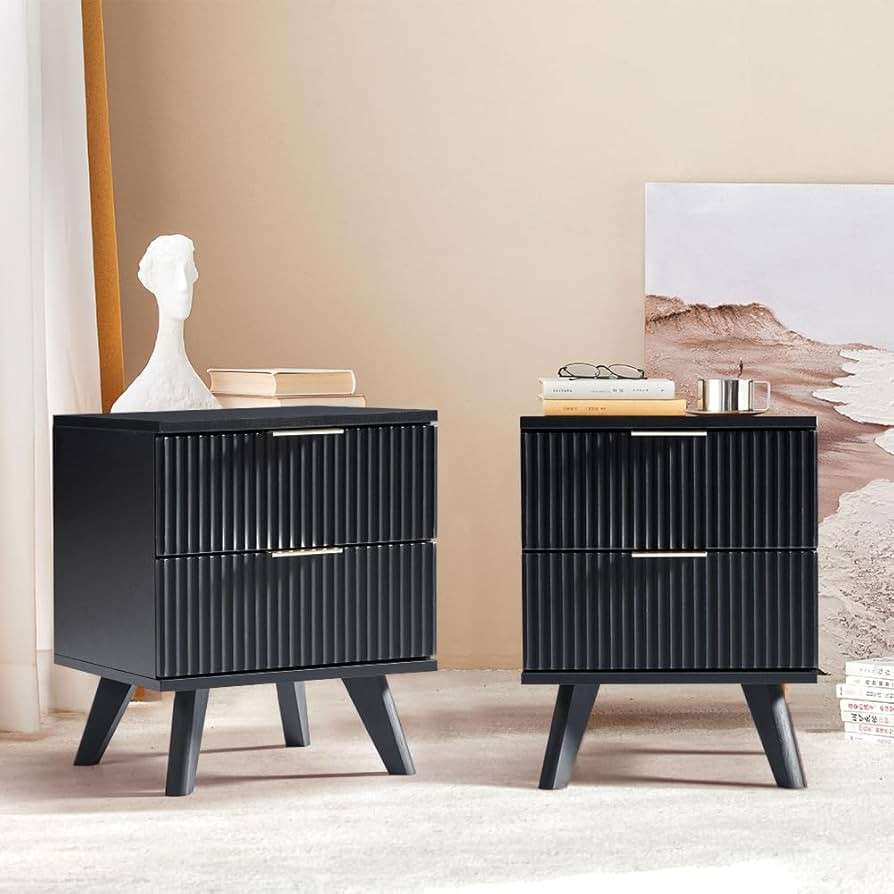 Nightstands Set of 2 with Drawers, Modern Large Striped Bed Side Table with 2 Drawers, Mid Centur... | Amazon (US)