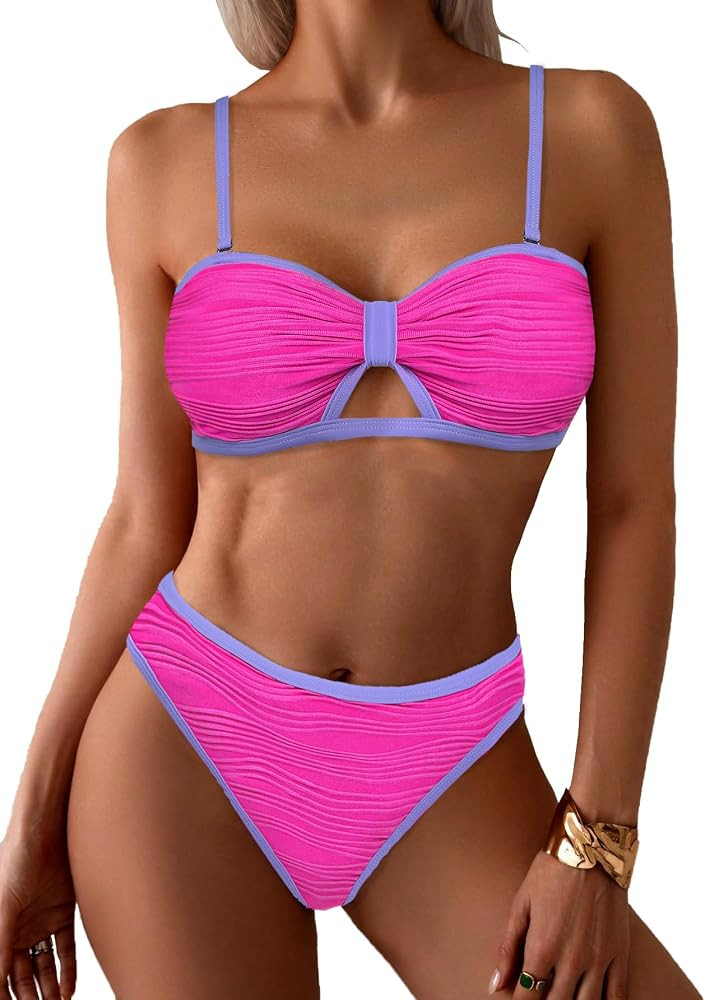 ZAFUL Bikini Sets for Women Bandeau Strapless Sexy Ribbed Bathing Suits Color Block Cutout Ring B... | Amazon (US)