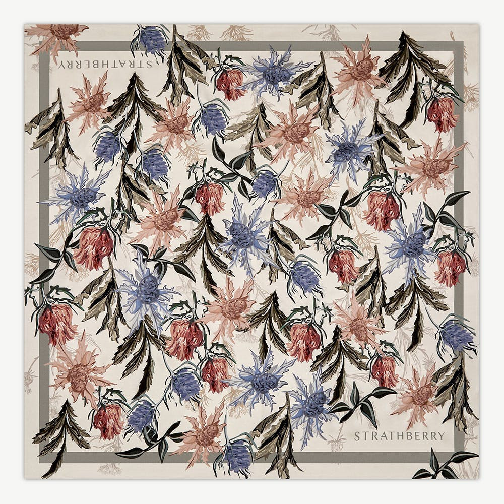 Silk Square Scarf - Vanilla/Forest Green Thistle Print | Strathberry