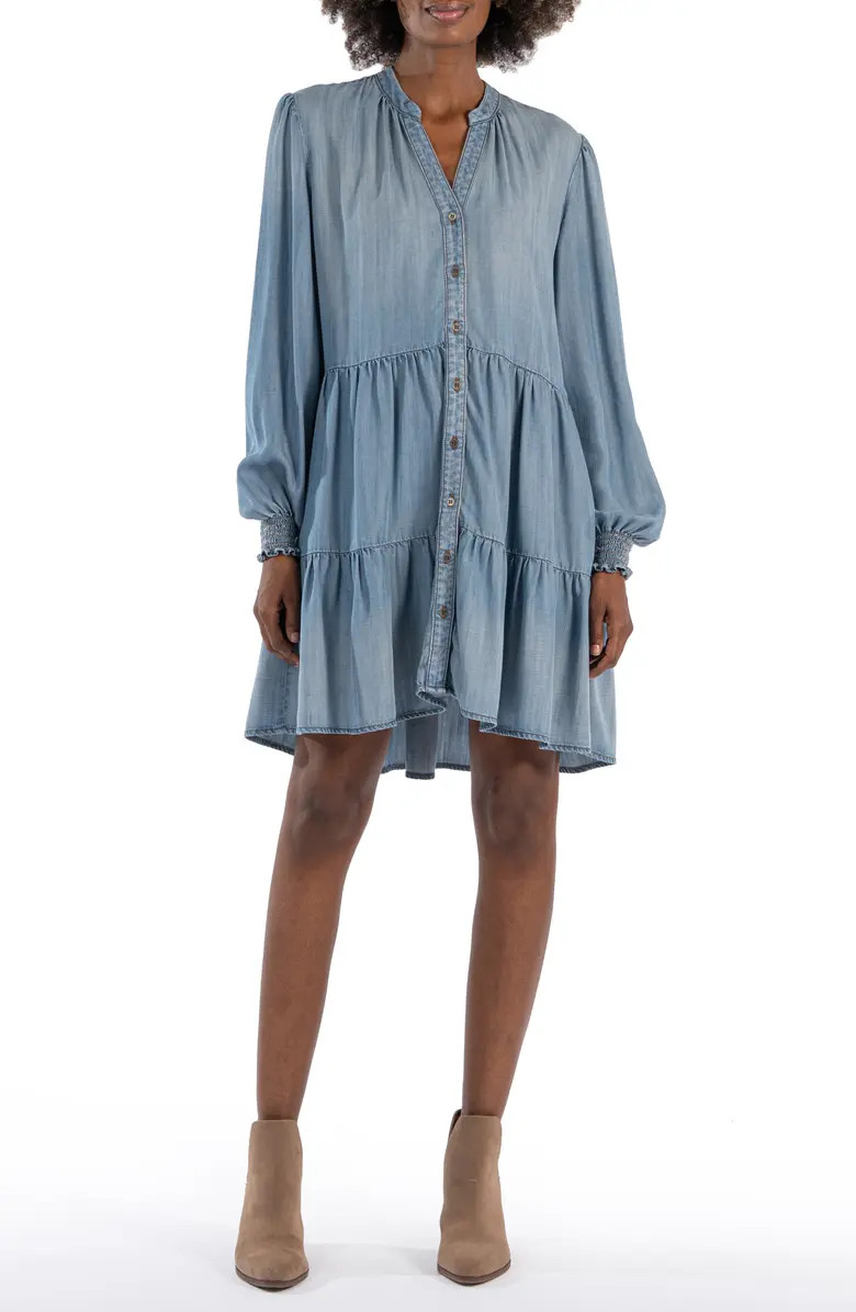 Lightweight chambray adds to the relaxed, country-chic style of a sweetly tiered dress detailed w... | Nordstrom