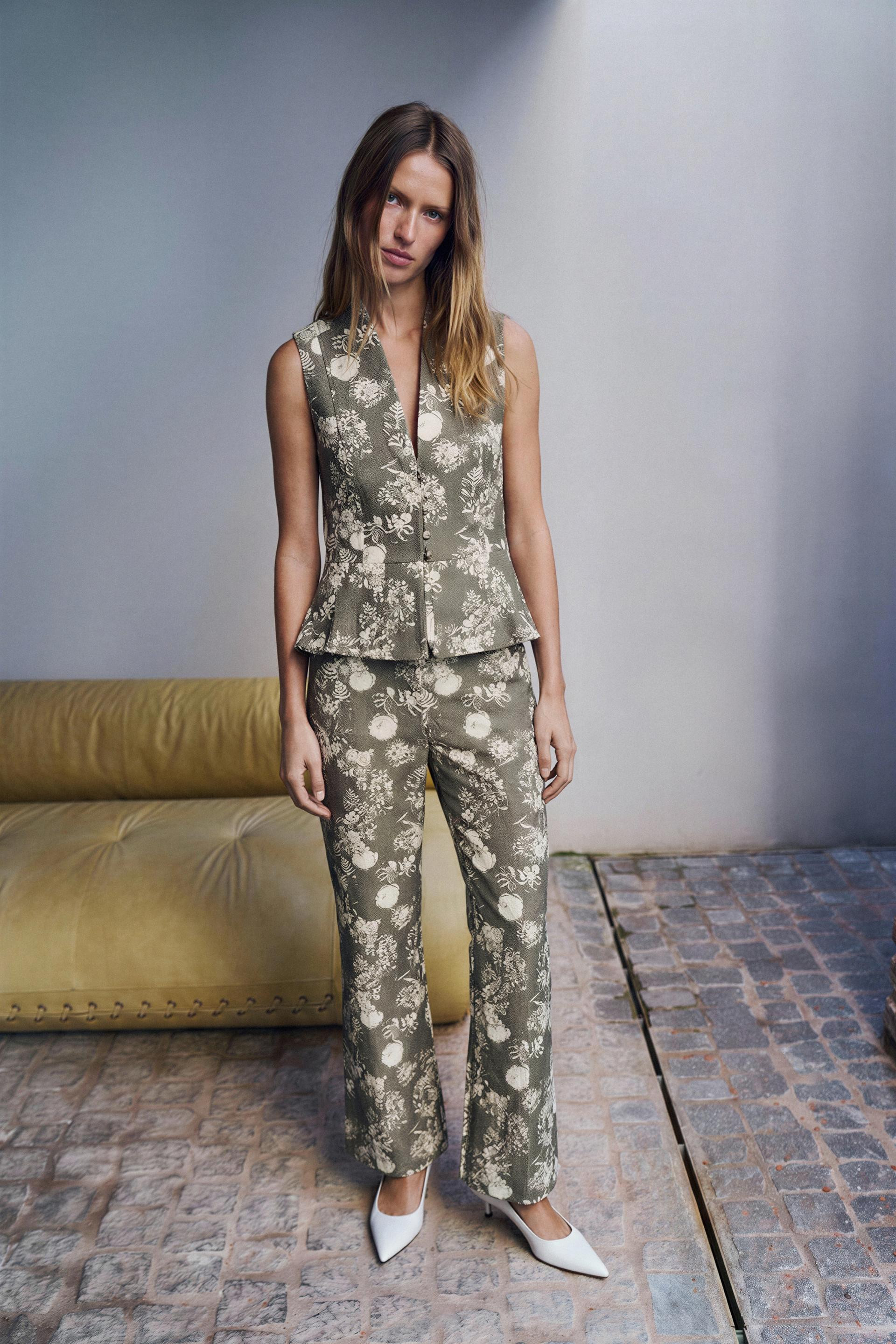 Zara - Jacquard Flare Pants - Taupe Gray - L - Woman | Zara US