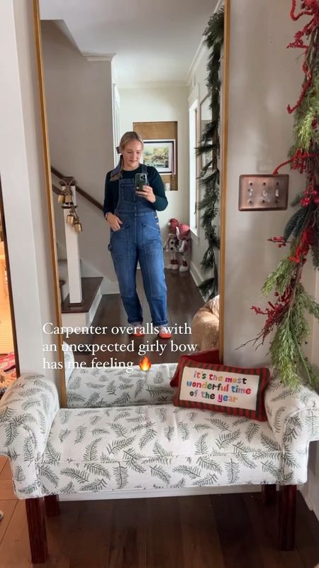 Carpenter overalls paired with an unexpected girly oversized hair bow makes this outfit stand out from the crowd. 
Love, Claire Lately 

Madewell, JCrew, stripe socks, holiday winter outfit idea, accessory, gift idea, merit 

#LTKmidsize #LTKstyletip #LTKVideo
