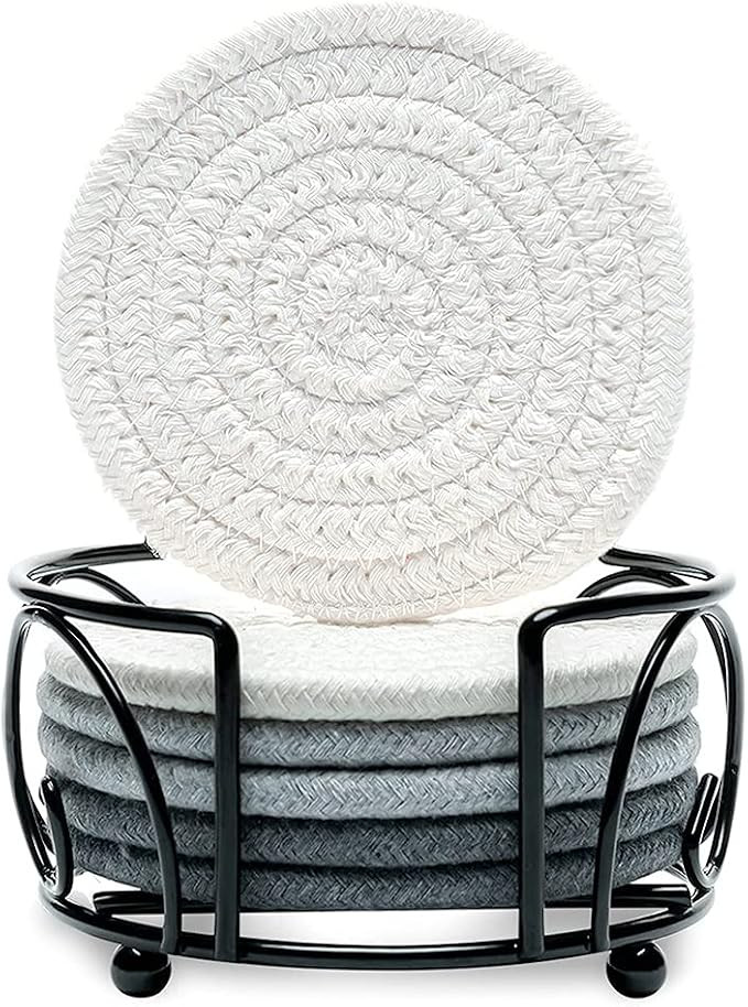 Amazon.com: Coasters with Holder, Absorbent Coasters for Coffee Table, Wooden Table, Woven Coaste... | Amazon (US)