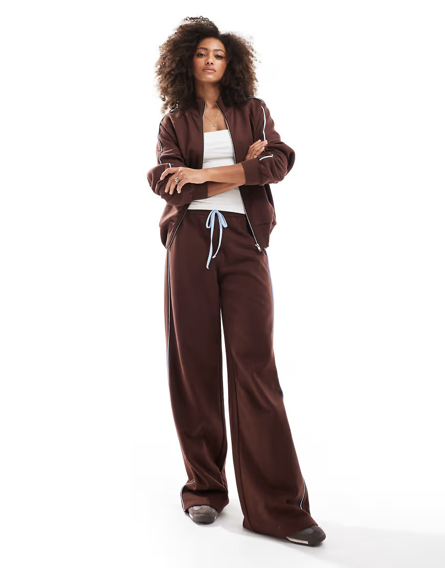 ASOS DESIGN contrast side stripe wide leg sweatpants in brown | ASOS (Global)