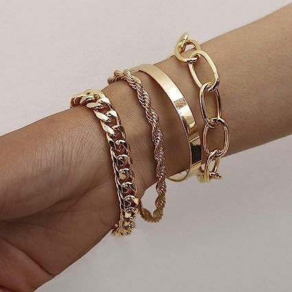 fxmimior Dainty Boho Gold Silver Chain Bracelets Set for Women Ajustable Fashion Beed Chunky Flat... | Amazon (US)