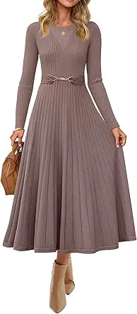 ZESICA Women's Long Sleeve Midi Sweater Dress 2026 Fall Crewneck Knit A Line Pleated Flowy Long D... | Amazon (US)