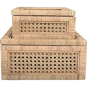 Creative Co-Op Woven Rattan Glass Lids & Fir Wood Frame (Set of 2 Sizes) Display Boxes, Beige | Amazon (US)