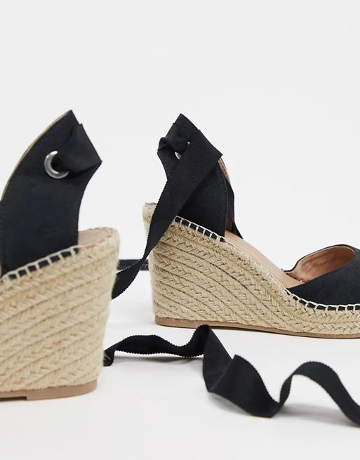 ASOS DESIGN Time tie leg espadrille wedges in black | ASOS (Global)