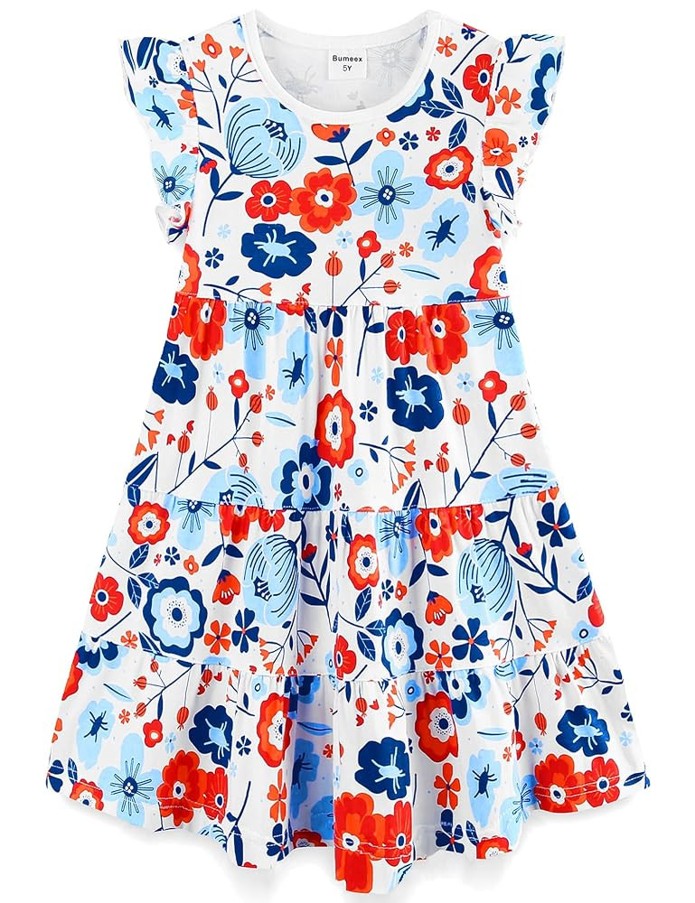 Bumeex Girl's Dresses Cotton Ruffle Sleeve Tiered Swing A-Line Cute Midi Casual Sundress | Amazon (US)