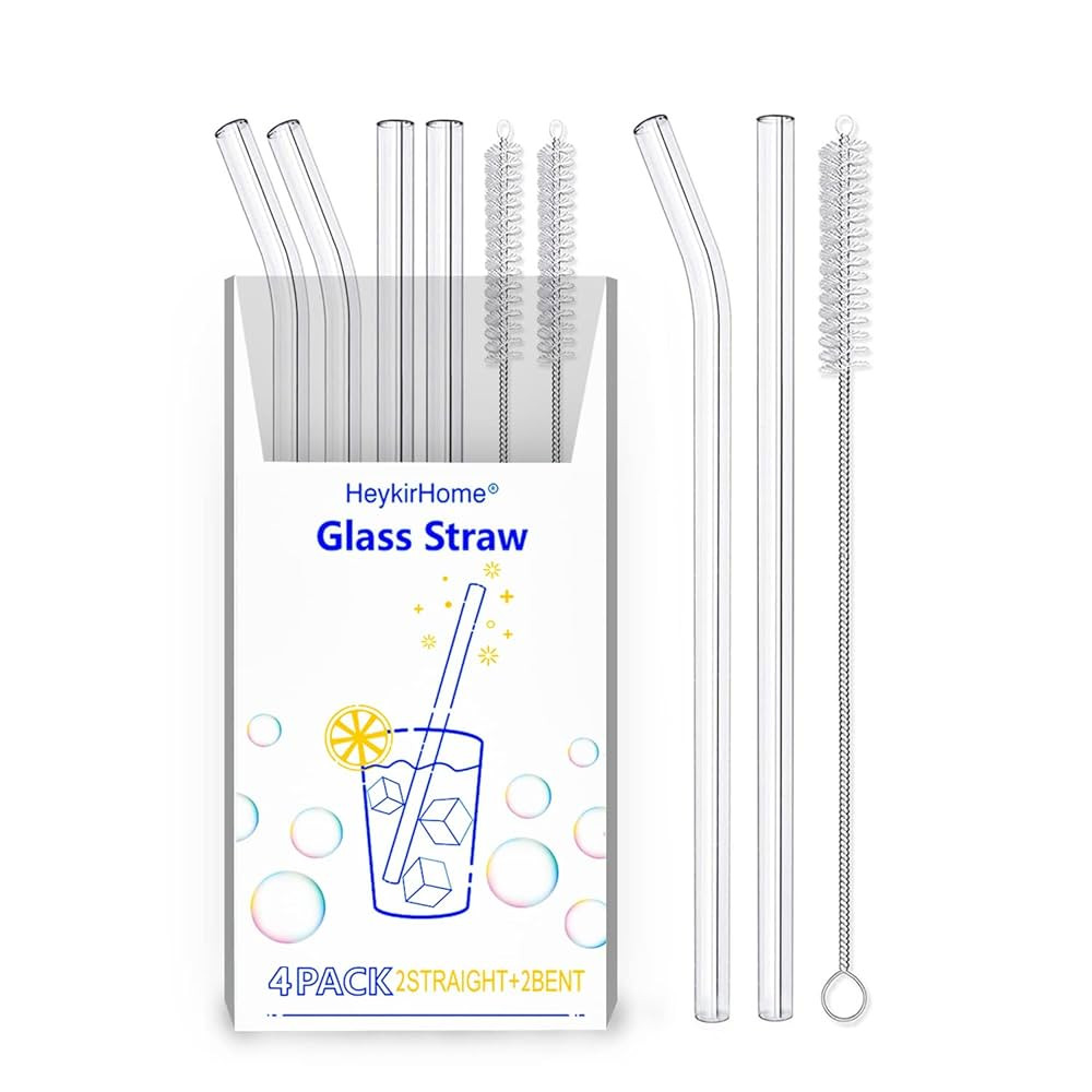 4-Pack Reusable Glass Straw, Size 8.5''x10 MM,Including 2 Straight and 2 Bent with 2 Cleaning Bru... | Amazon (US)