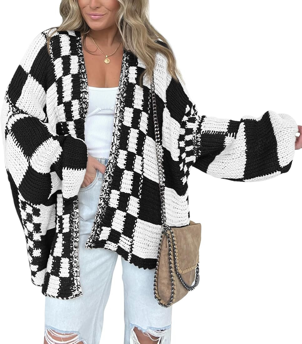 BTFBM Casual Womens Open Front Long Sleeve Chunky Knit Cardigan Sweater Checkered Knit Cardigan S... | Amazon (US)