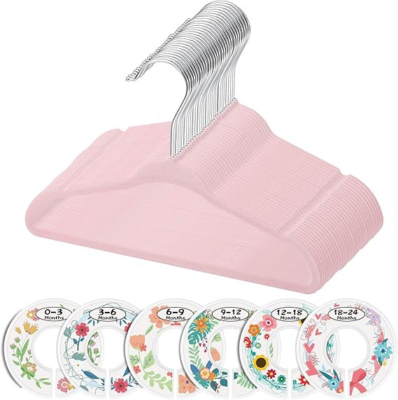 Minnebaby Velvet Baby Hangers, Baby's Closet Clothes Hangers with 6 Pcs Clothing Size Dividers, N... | Amazon (US)