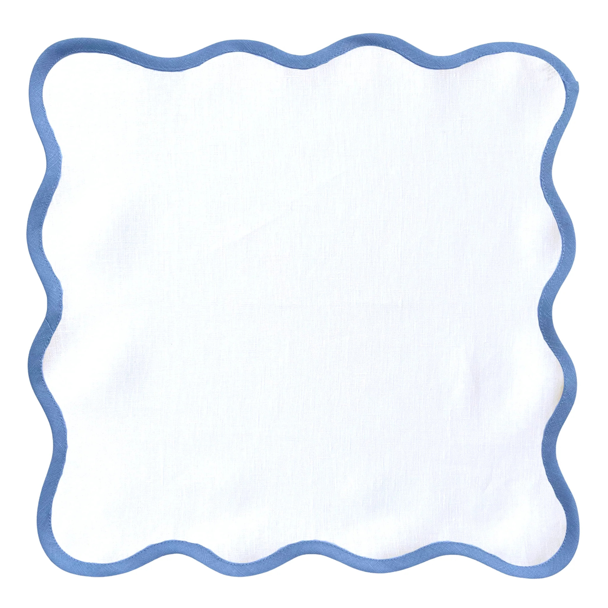 Scalloped Square Table Linen, Lily White with Cornflower Blue Trim | The Well Appointed House, LLC