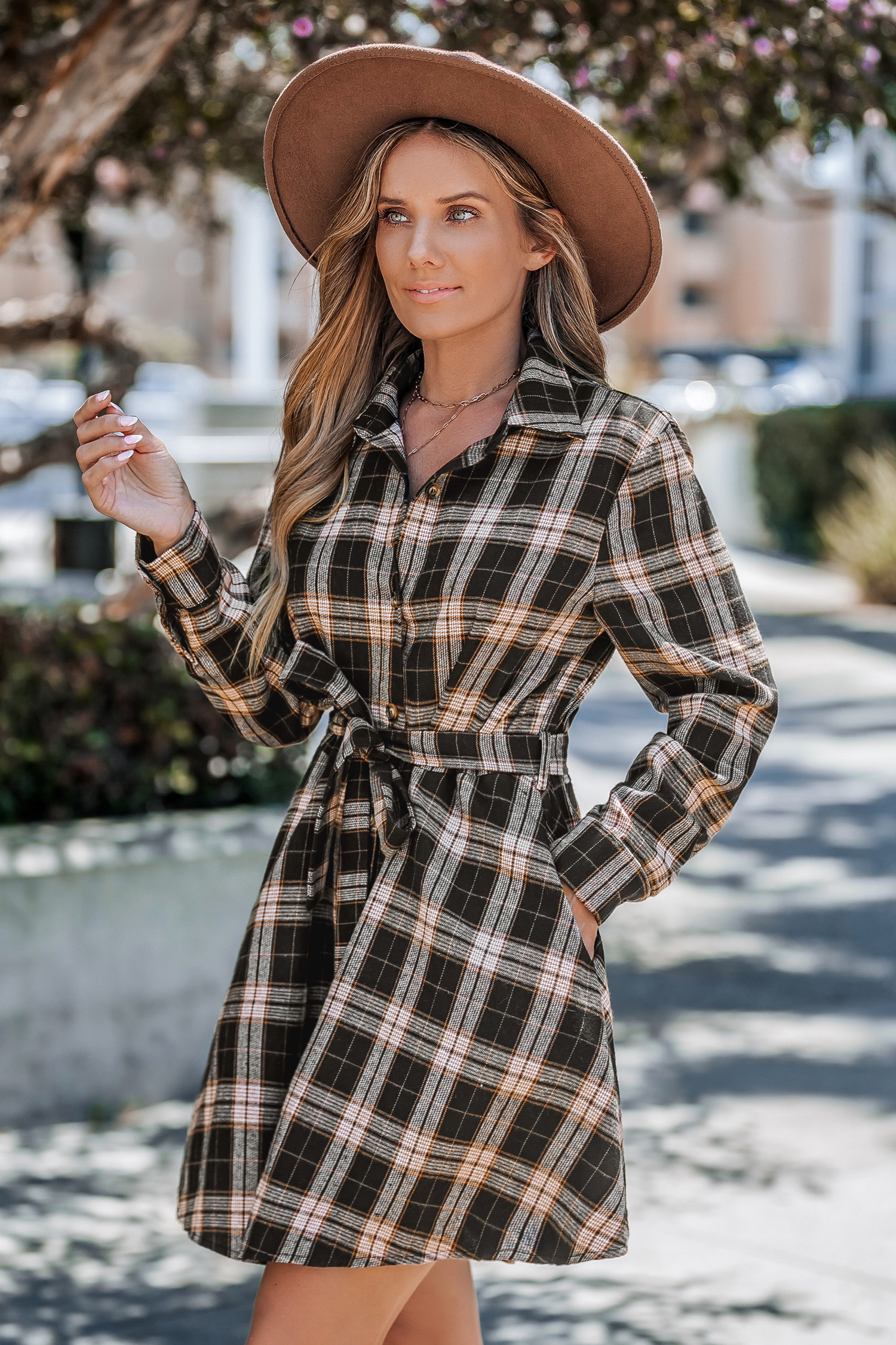NewCoffee Brown Plaid Collared Button Up Mini Shirt Dress | Cupshe US